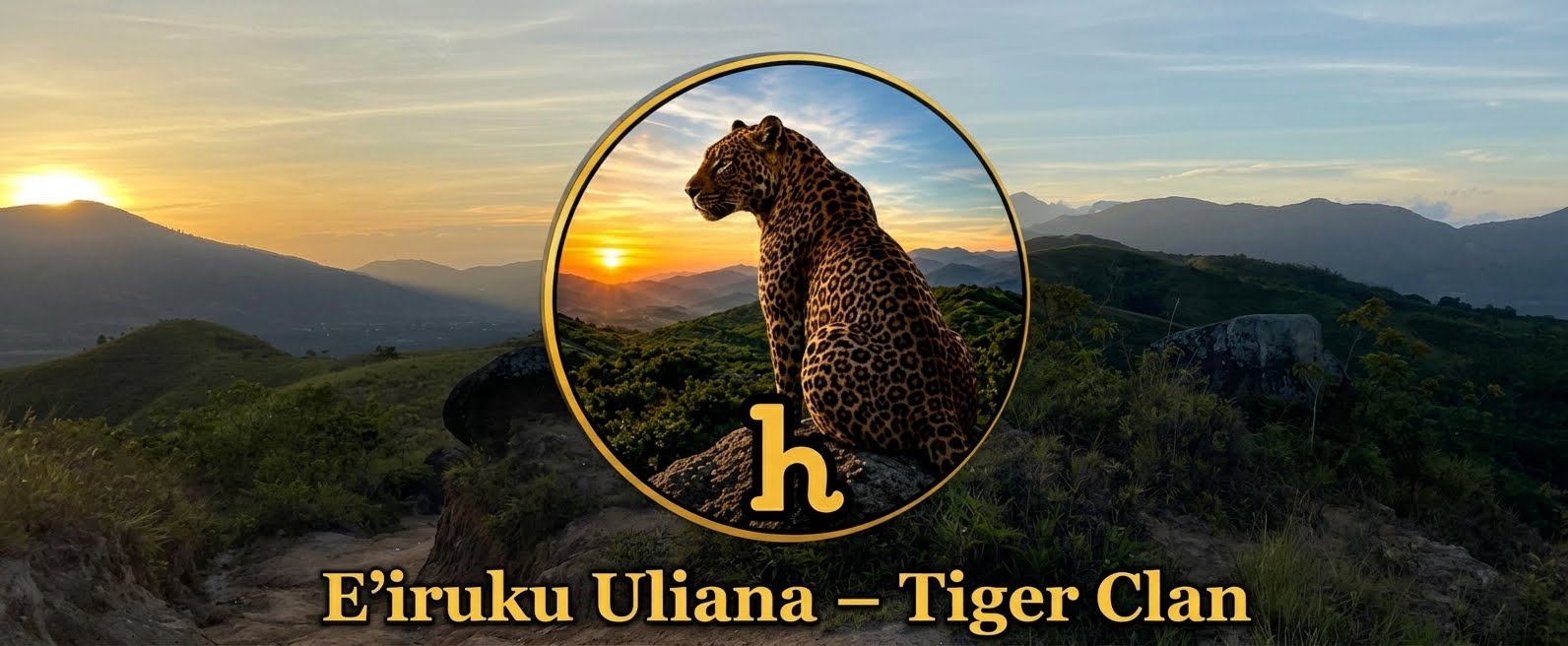 Emblema de jaguar y texto E’iruku Uliana – Tiger Clan sobre un paisaje al atardecer